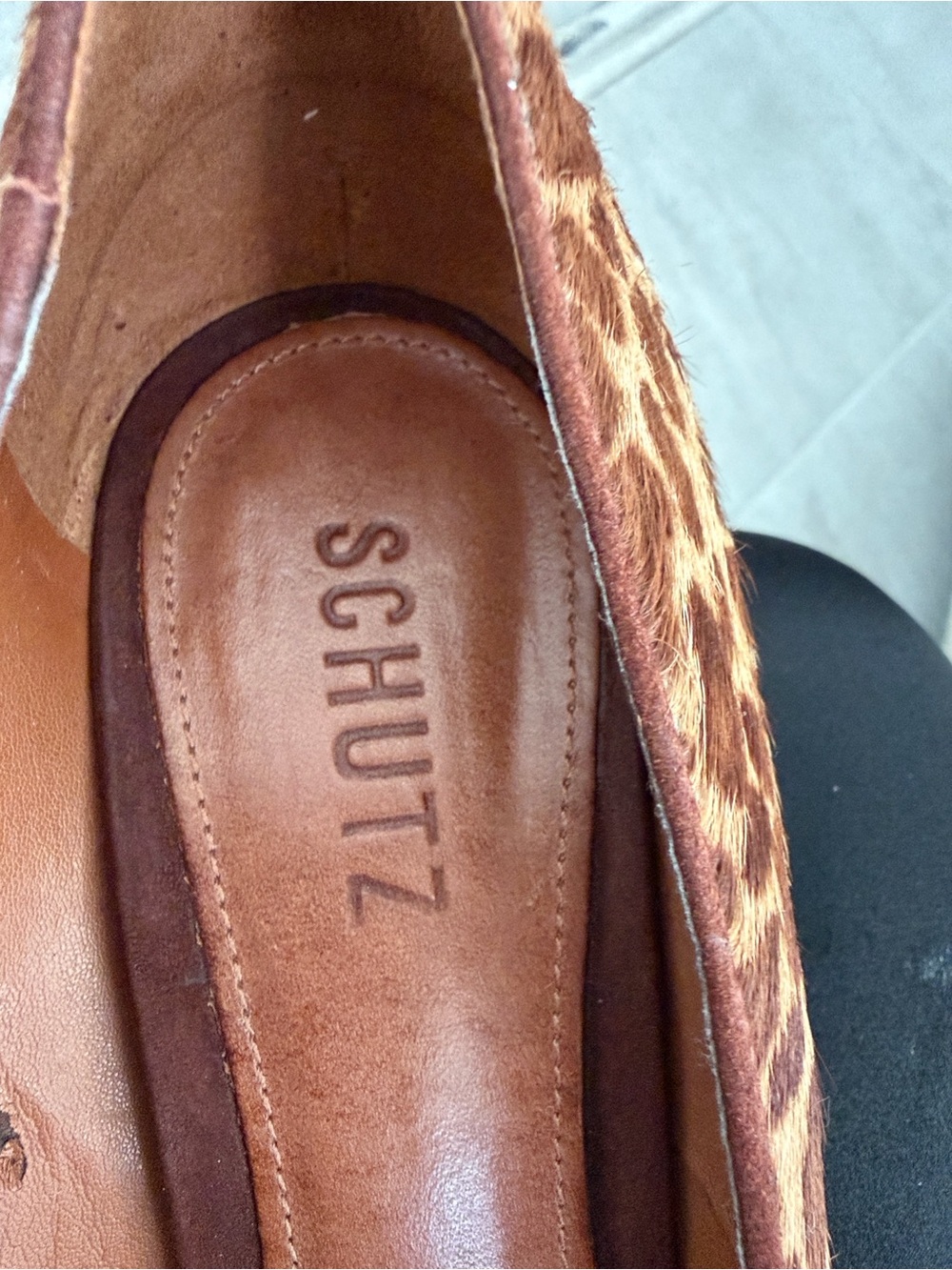 SCHUTZ Hair-Calf Leopard Print Pointed Toe Heels with Gold Trim - Picture 10 of 10